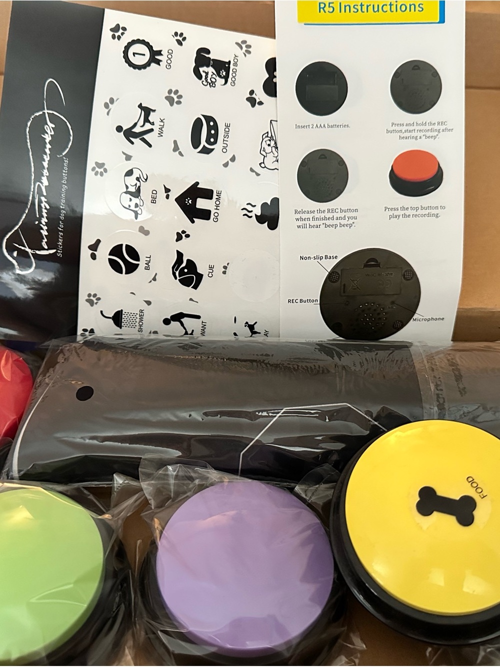 Interactive Pet Training Buttons - Yellow, Purple, Green Set